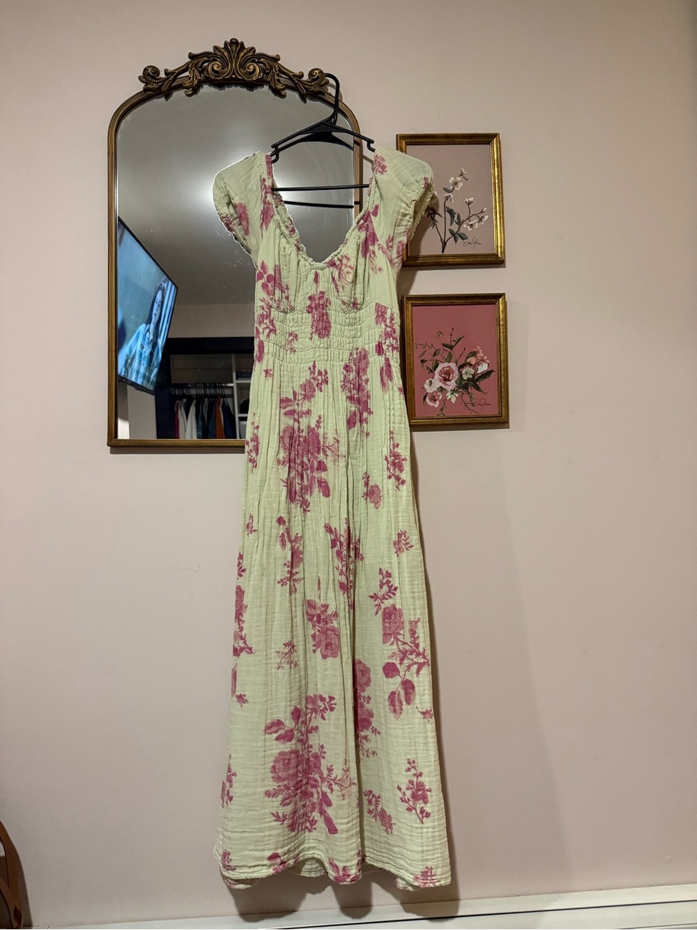 Free People Green Maxi Dress with Pink Floral Print